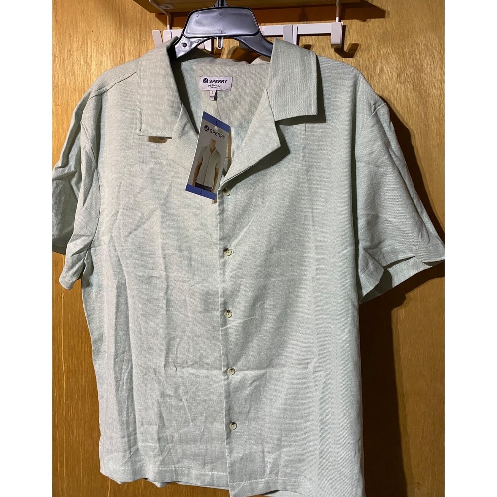 Sperry Mens Green Textured Knit Button Down Camp Short Sleeve Shirt Size L NWT